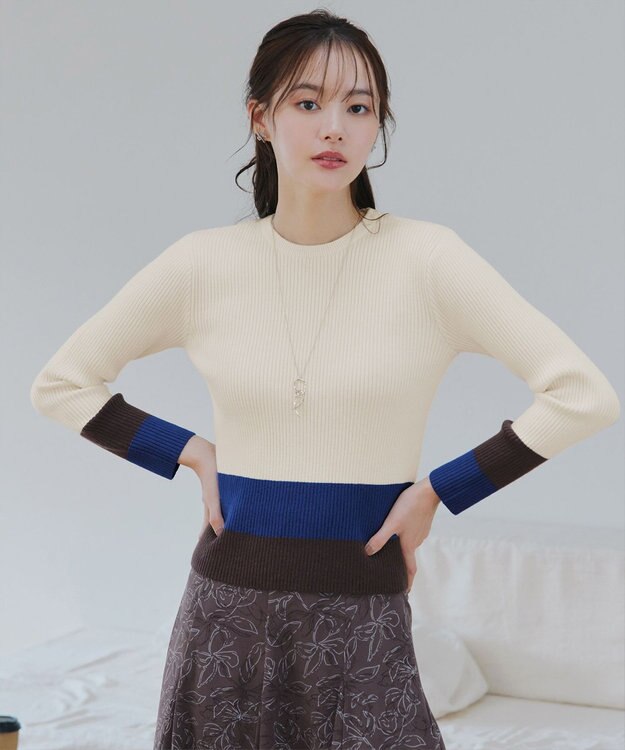 Tiaclasse 【洗える】マルチ配色ニットトップス オフホワイト