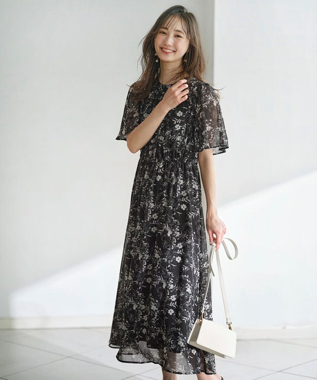 ANY SIS 【洗える】フラワープリント ワンピース ブラックベース