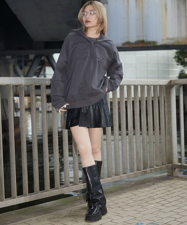 WEGO 【ユニセックス着用ITEM】ダメージアップリケレイヤードZIPパーカー スミクロ