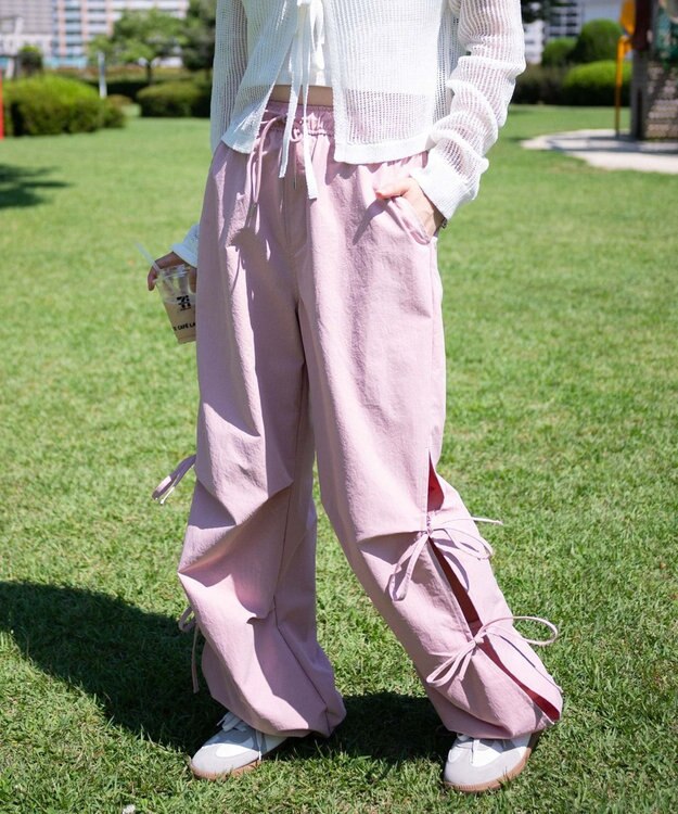 WEGO 【ウエストゴム】サイドリボンパラシュートパンツ ライトピンク