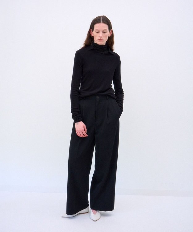 ATON SILK BLENDED CIRCULAR RIB | クルー＆ポロレイヤードプルオーバー BLACK
