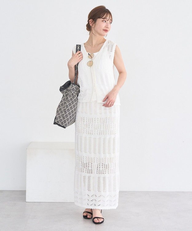 earth music&ecology 【セットアップ対応】透かし編みニットＩラインスカート Off White