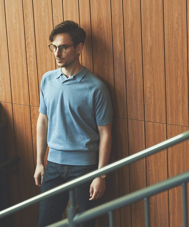 GOTAIRIKU 【和紙＆綿 】二ット スキッパーポロシャツ ダルブルー系