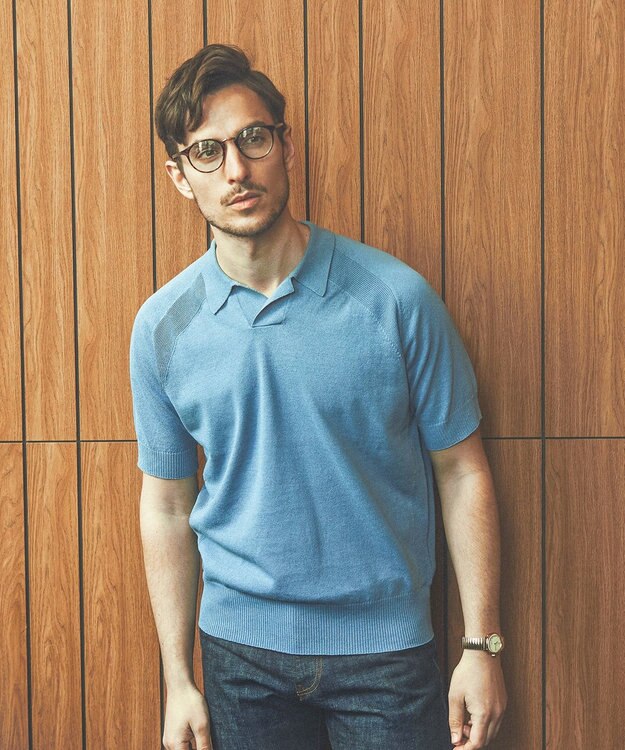 GOTAIRIKU 【和紙＆綿 】二ット スキッパーポロシャツ ダルブルー系