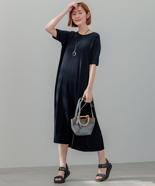 23区 【洗える】レーヨンポリエステルストレッチ フレア ワンピース ネイビー系