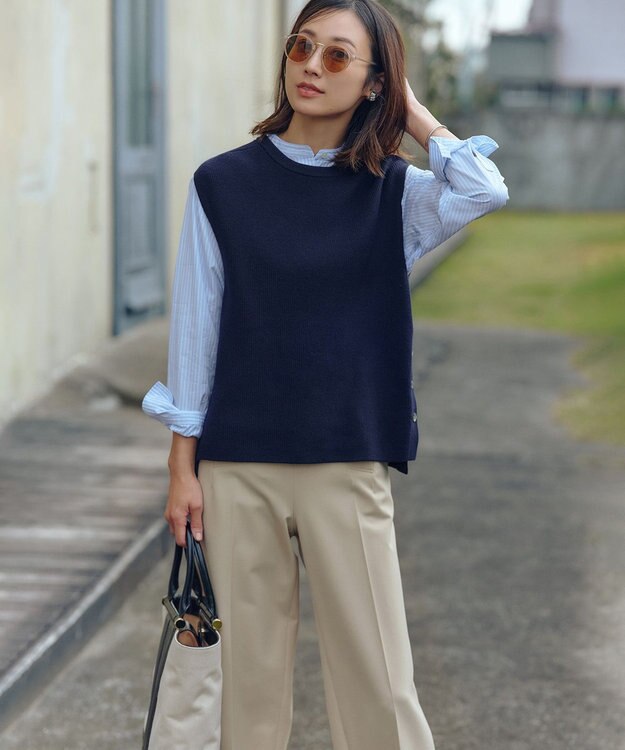 23区 【洗える】CANCLINI バンドカラー シャツ スカイブルー×ホワイトストライプ