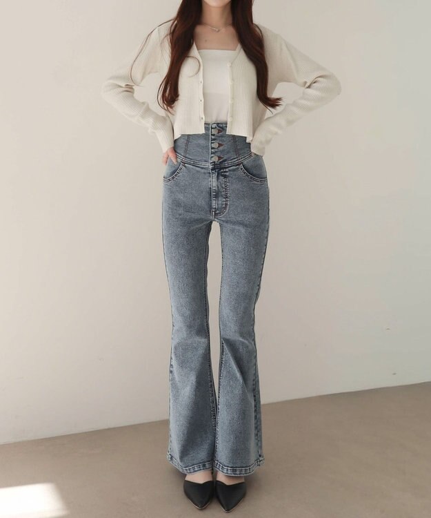 WEGO 【ストレッチ/美脚/脚長シルエット/XSSMサイズ展開】ハイウエストストレッチフレアデニムパンツ デニム中濃加工色