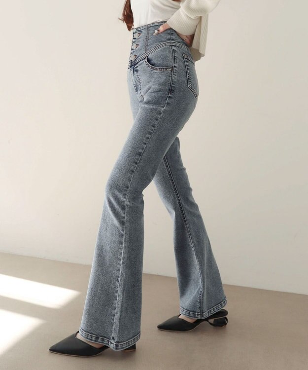 WEGO 【ストレッチ/美脚/脚長シルエット/XSSMサイズ展開】ハイウエストストレッチフレアデニムパンツ デニム中濃加工色