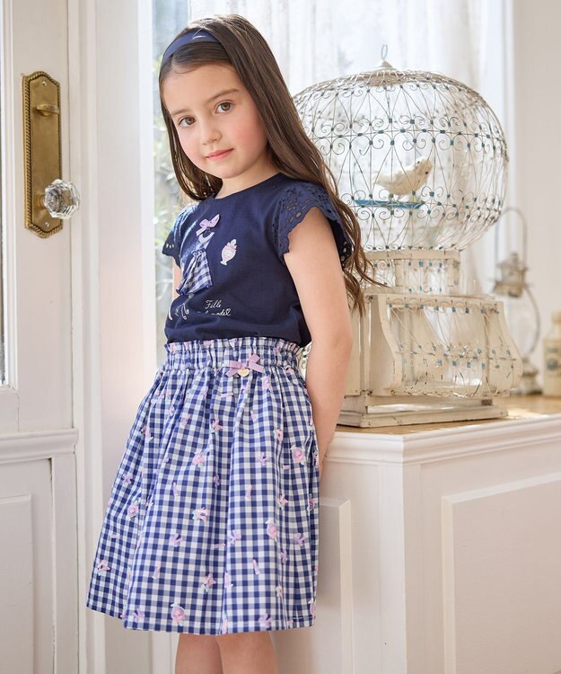 ANY KIDS ギンガム 発泡プリント スカート 青系チェック