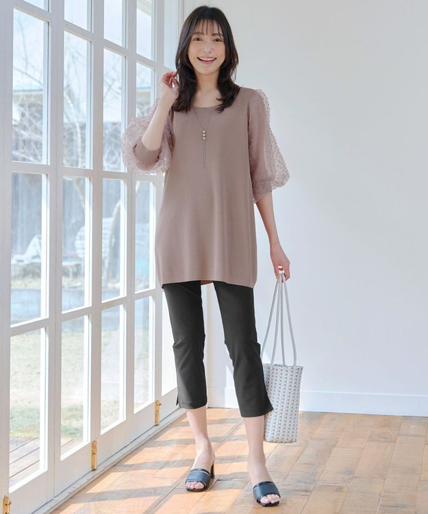 Tiaclasse L 【洗える】ドットチュールニットチュニック ピンクモカ