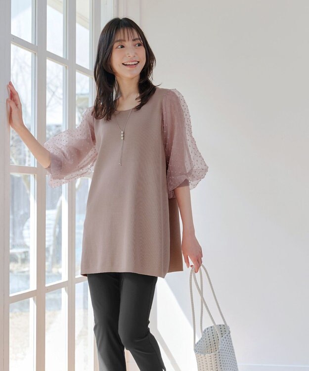 Tiaclasse L 【洗える】ドットチュールニットチュニック ピンクモカ