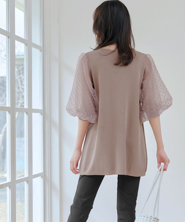 Tiaclasse L 【洗える】ドットチュールニットチュニック ピンクモカ