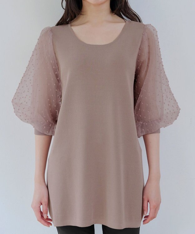 Tiaclasse L 【洗える】ドットチュールニットチュニック ピンクモカ