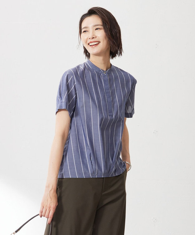 J.PRESS LADIES 【洗える】キュプラローン ストライプ ブラウス ネイビー系1