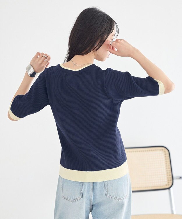 earth music&ecology ヘンリーネック半袖ニットプルオーバー Navy