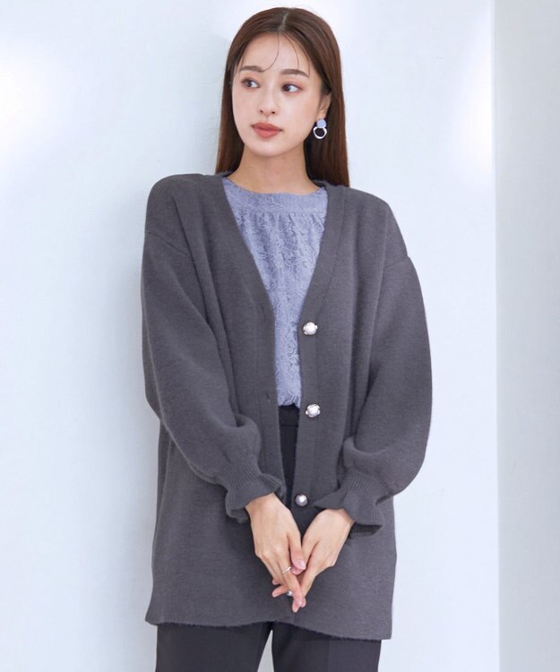 Tiaclasse 【洗える】袖先フリルミドル丈カーディガン チャコールグレー