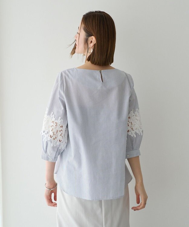 YECCA VECCA ストライプ柄レース切替ブラウス Off White