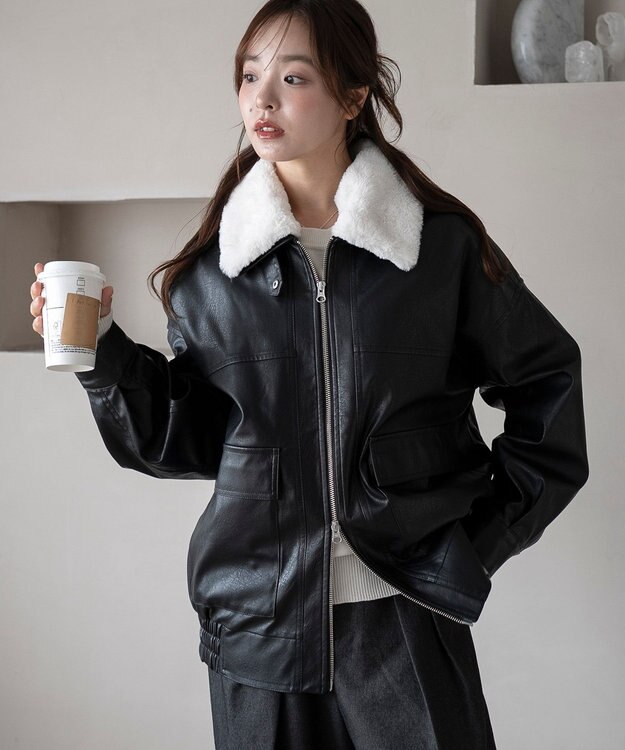 WEGO 2WAYファー襟PUジャケット ブラック