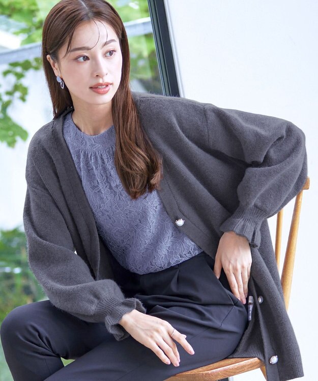 Tiaclasse 【洗える】袖先フリルミドル丈カーディガン チャコールグレー