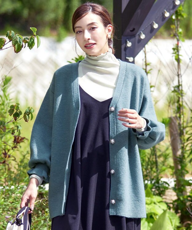 Tiaclasse 【洗える】袖先フリルミドル丈カーディガン グリーン