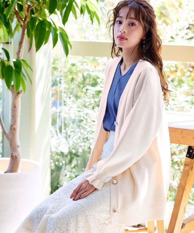 Tiaclasse 【洗える】袖先フリルミドル丈カーディガン オフホワイト