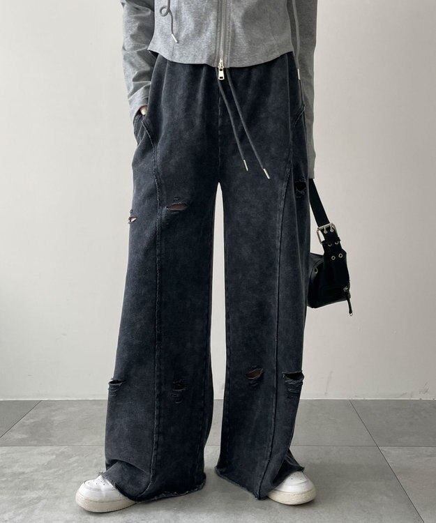 WEGO 【ウエストゴム】ヴィンテージウォッシュスウェットワイドパンツ ブラックその他