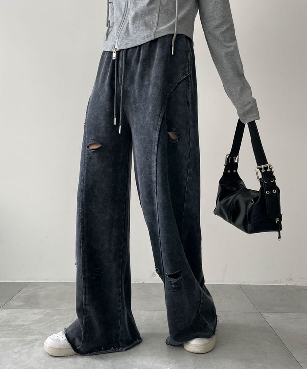 WEGO 【ウエストゴム】ヴィンテージウォッシュスウェットワイドパンツ ブラックその他