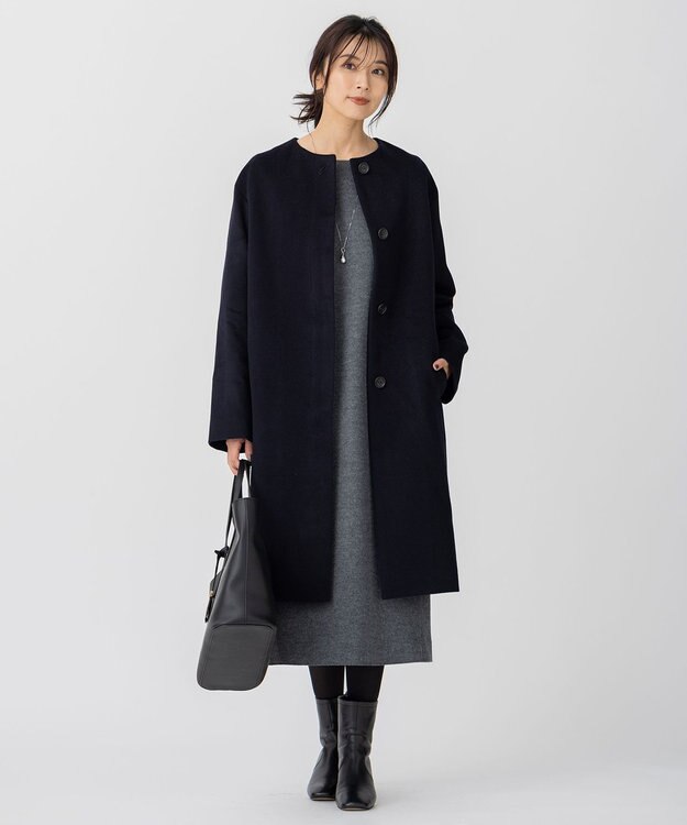 23区 ウールカシミヤビーバー ノーカラー コート ネイビー系