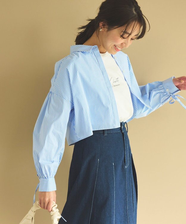 Feroux 【ONWARD CROSSET MAG掲載・2WAY】リボンクロップド シャツ スカイブルー系1