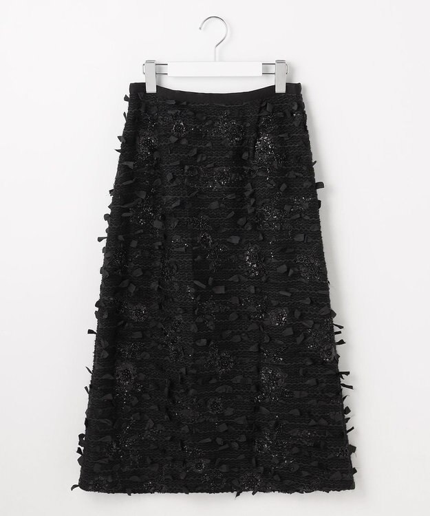 自由区 【カトリエムブーケ】Tweed a fleurs et rubans リボンツイードスカート ブラック