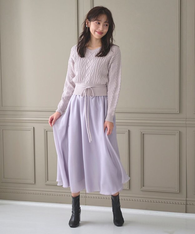 Feroux 【セットアイテム】ケーブルニット×オーガンジースカート ラベンダー系