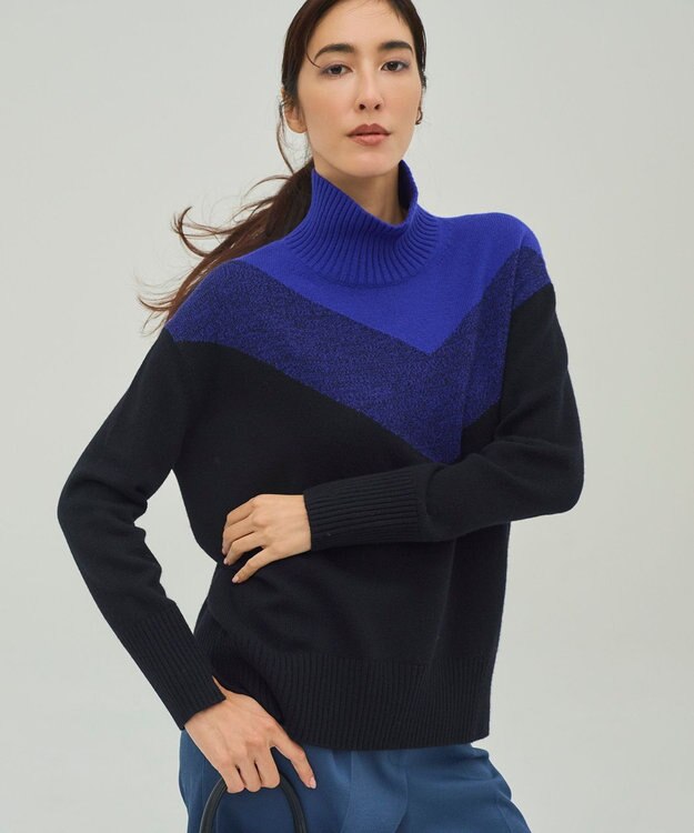 ICB L ソフトカシミヤミックス インターシャ ハイネックニット ロイヤルブルー系