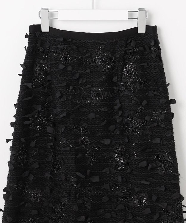 自由区 【カトリエムブーケ】Tweed a fleurs et rubans リボンツイードスカート ブラック