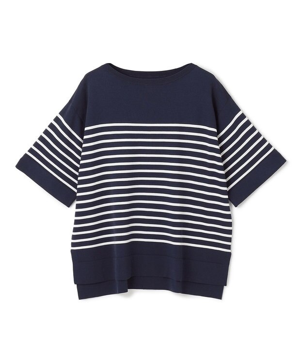 UNFILO L スゴ機能美 ハーフスリーブ ニット ネイビー×オフ