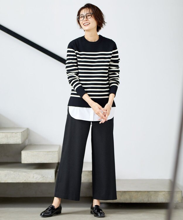 J.PRESS LADIES S 【洗える】LANTECシャークスキン セミワイド パンツ ネイビー系