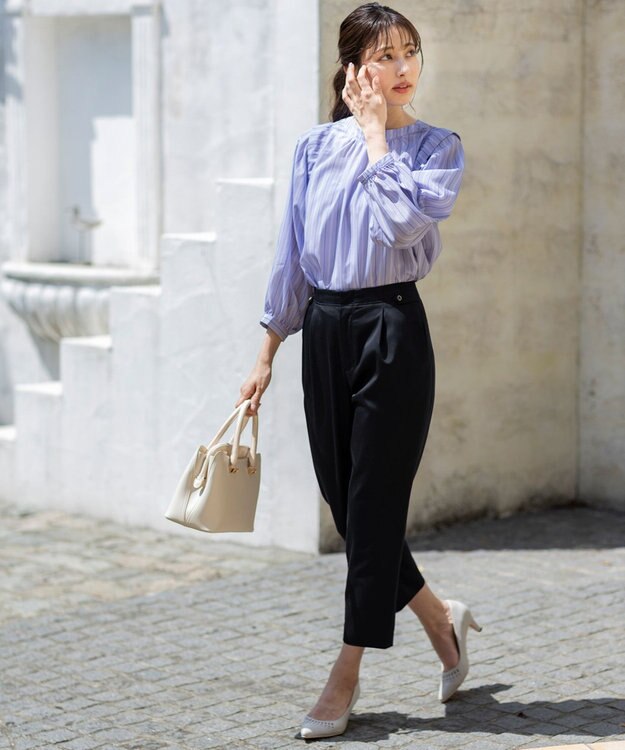 ANY SIS 【洗える】タックボリュームスリーブ ブラウス ブルーストライプ