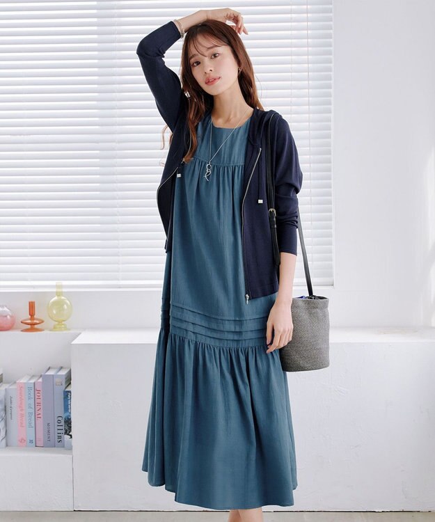 Tiaclasse 【小倉優子さん着用・洗える・XSサイズ】麻調ピンタックロングワンピース ブルー