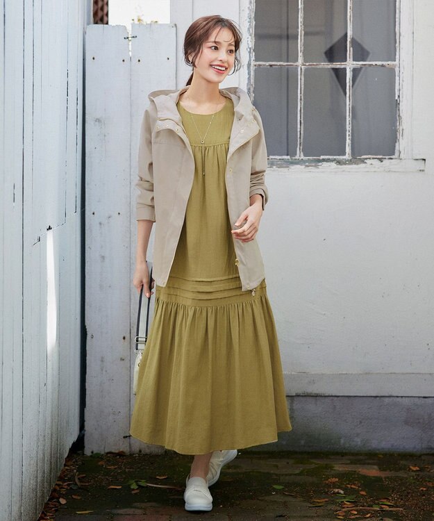 Tiaclasse 【小倉優子さん着用・洗える・XSサイズ】麻調ピンタックロングワンピース ライム