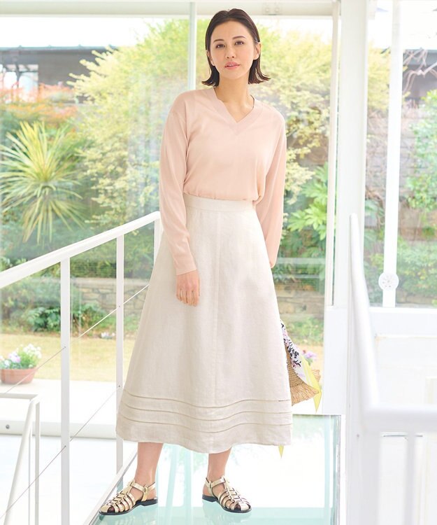 自由区 【XSサイズ～/洗える/セット可】エンブロイダリーリネン フレアスカート アイボリー系