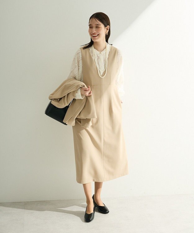 Green Parks Ｏ．洗えてストレッチ　Ｖネックジャンスカ Light Beige