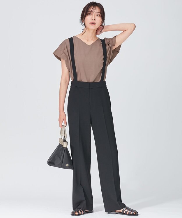 23区 トリアセダブルクロス ワイドストレート パンツ ブラック系