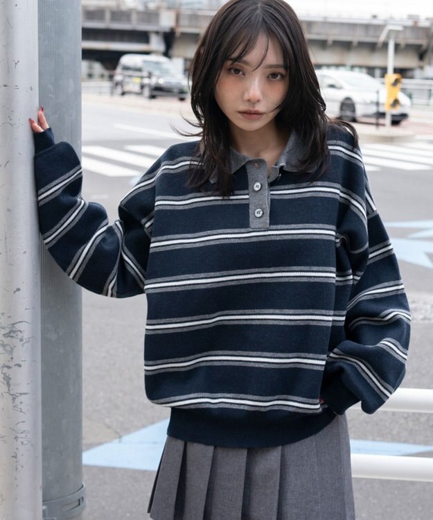 WEGO ポロニットプルオーバー ブルーボーダー