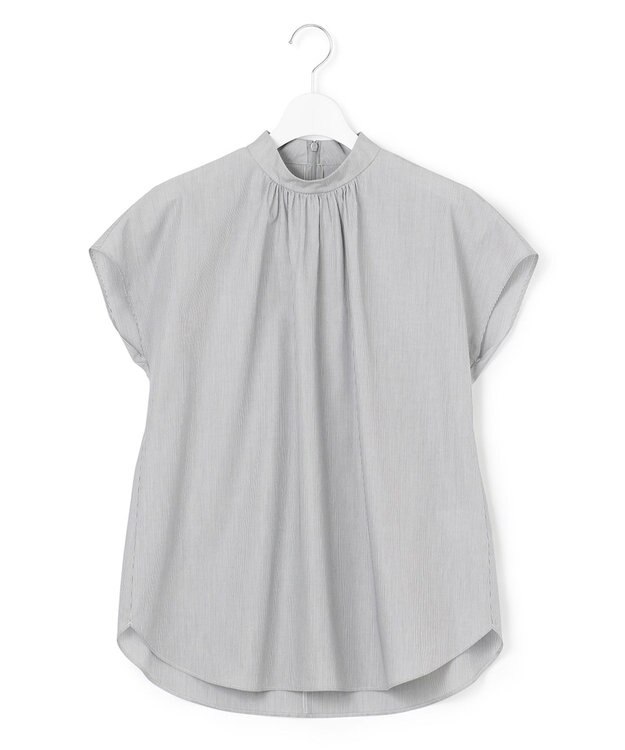 23区 L 【洗える】コットンポプリン スタンドカラー ブラウス ネイビーストライプ