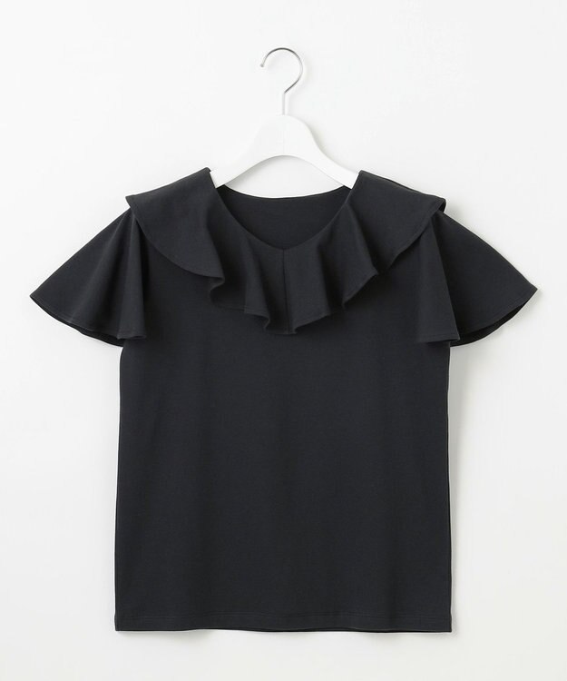 Feroux 【洗える・汗ジミが目立たない】ラッフル襟Tシャツ ブラック系