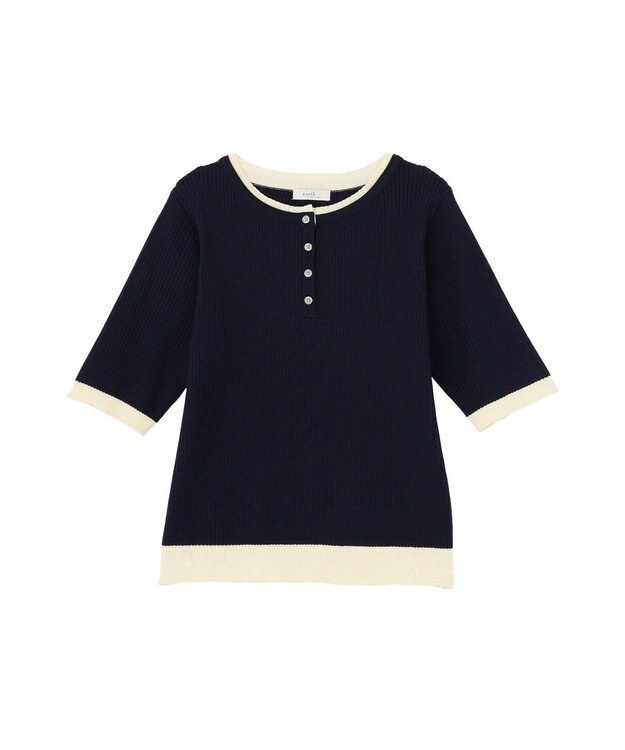 earth music&ecology ヘンリーネック半袖ニットプルオーバー Navy