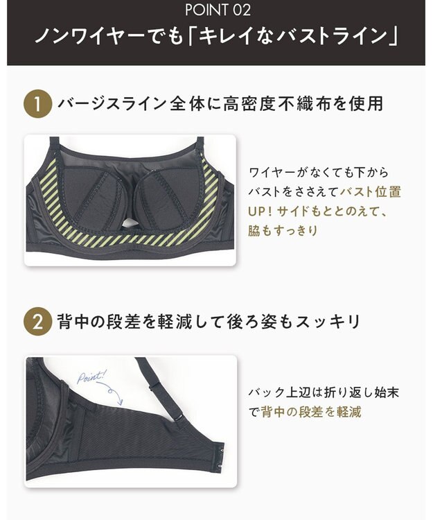 WACOAL ノンワイヤーブラ 【小さく見せるブラ】 高さをおさえてコンパクトに バスト位置アップ 脇すっきり Hカップまで対応 大きいサイズ レディース BMM122 /ワコール ブラック