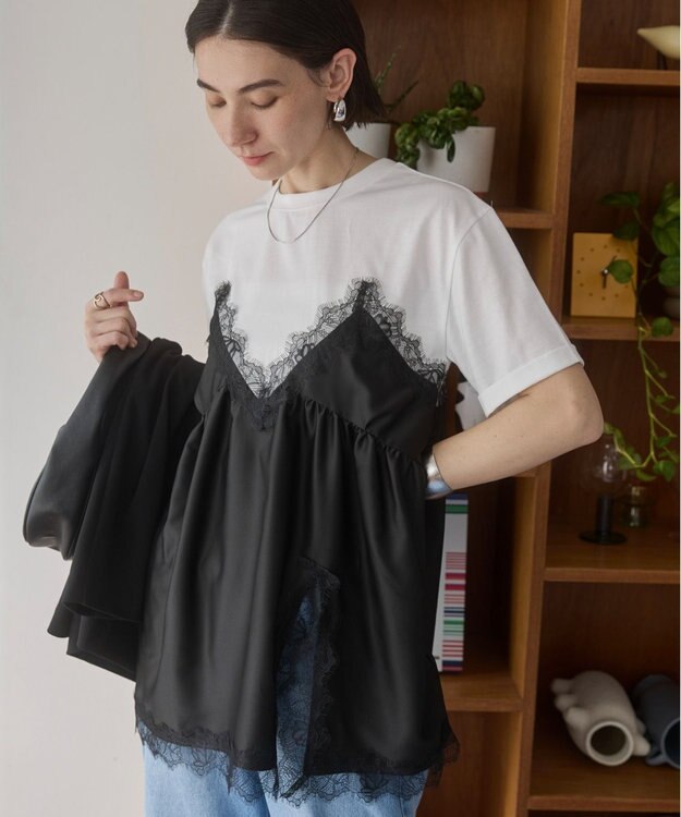 WEGO 【ANGIE VINTAGE】サテンレースドッキングレイヤードトップス ブラック