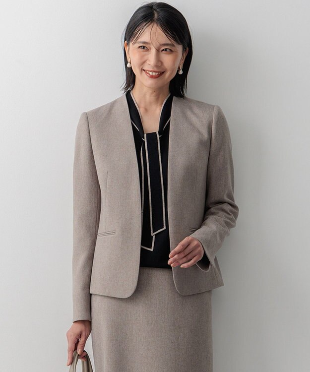 23区 S 【洗える】ウールライクカルゼ ノーカラージャケット ベージュ系