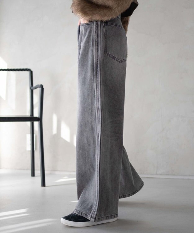 WEGO サイドラインワイドデニムパンツ スミクロ