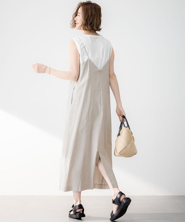 23区 【洗える】リネンレーヨンストレッチ  Iライン キャミソール ワンピース ベージュ系